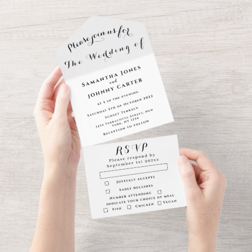 Romantic Black and White Calligraphy Chic Wedding  All In One Invitation