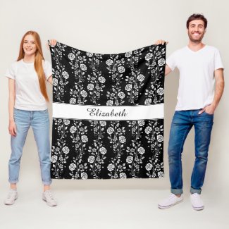 Romantic Black And White Floral Pattern Name Print Fleece Blanket