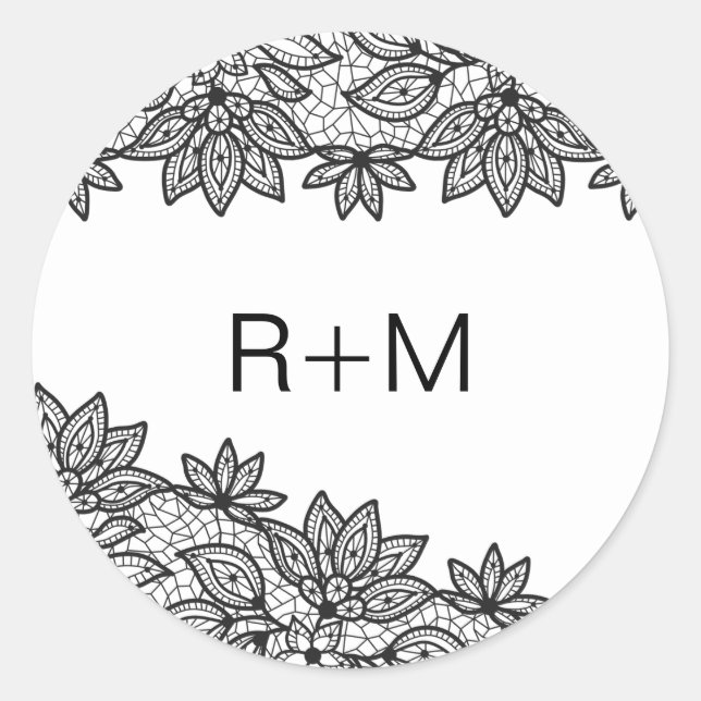 Romantic Black and White Lace Wedding Monogram Classic Round Sticker (Front)