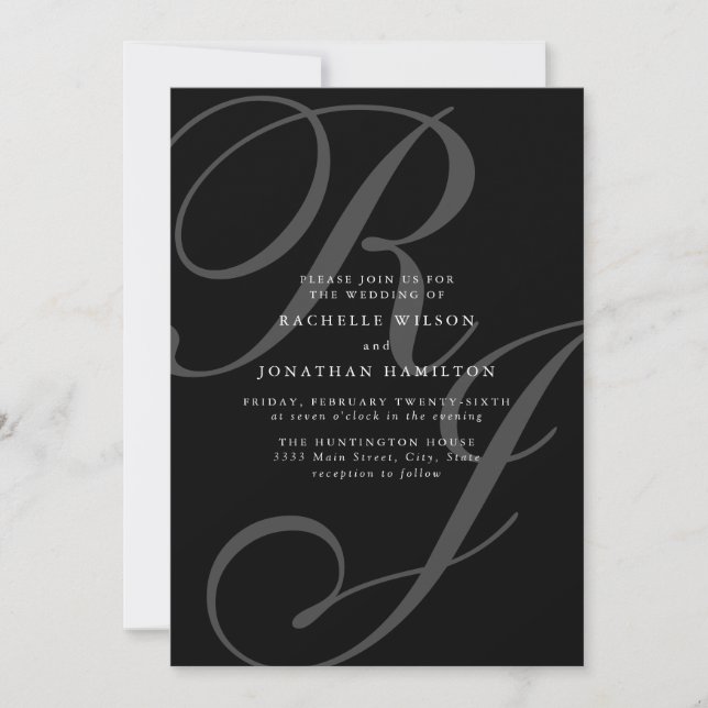 Romantic Black and White Monogram Wedding Invitation (Front)