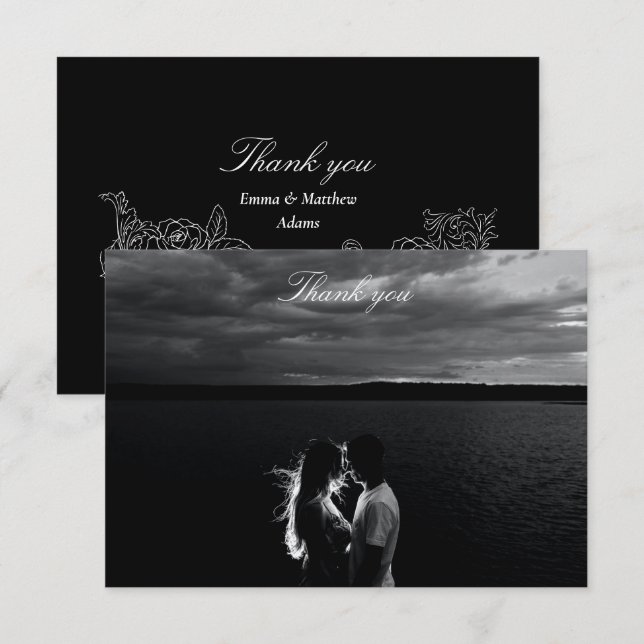 Romantic Black and White Photo Wedding Thank You Card (Front/Back)
