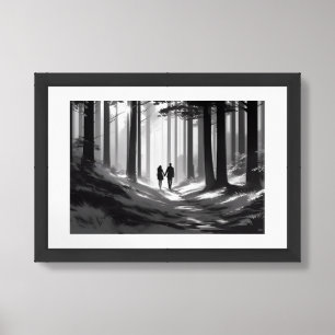 Romantic Black and White Silhouette Couple Forest Framed Art
