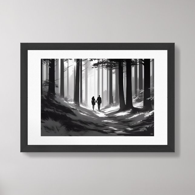Romantic Black and White Silhouette Couple Forest Framed Art (Framed Front)