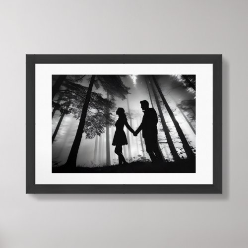 Romantic Black and White Silhouette Couple Walking Framed Art