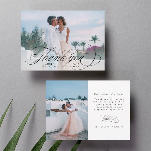 Romantic Black Calligraphy 2 Photo Wedding  Thank You Card