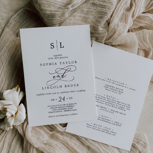 Romantic Black Calligraphy All In One Wedding Invitation