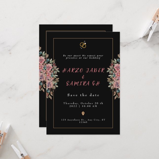Romantic Black Calligraphy All Wedding invitation (Front/Back In Situ)