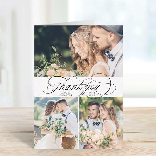 Romantic Black Calligraphy Wedding 3 Photo Folded Thank You Card