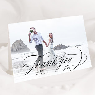 Romantic Black Calligraphy Wedding Photo Folded Letterpress Thank You Card