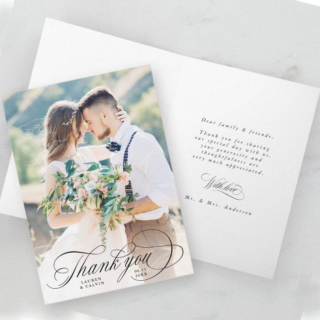 Romantic Black Calligraphy Wedding Photo Folded Thank You Card (Front & Inside)