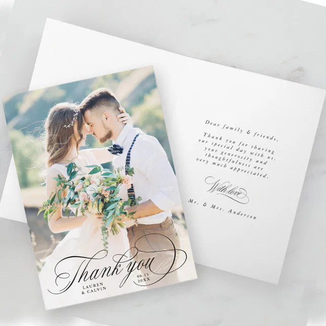 Romantic Black Calligraphy Wedding Photo Folded Thank You Card | Zazzle