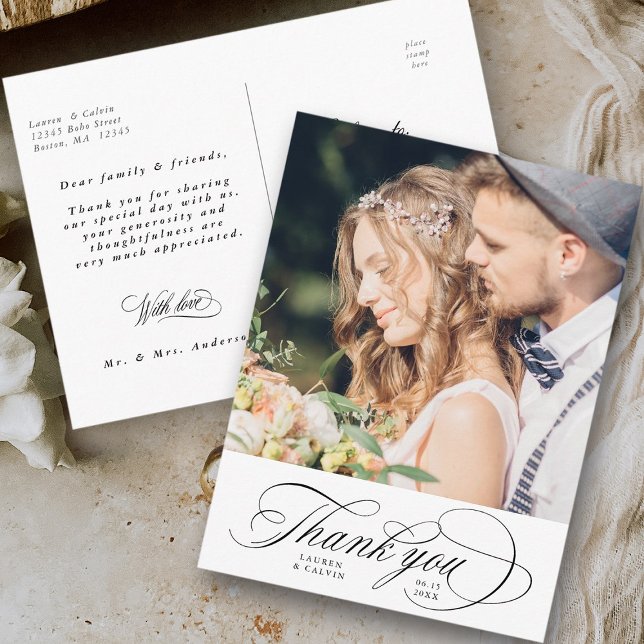 Romantic Black Calligraphy Wedding Photo Postcard (Front & Back)