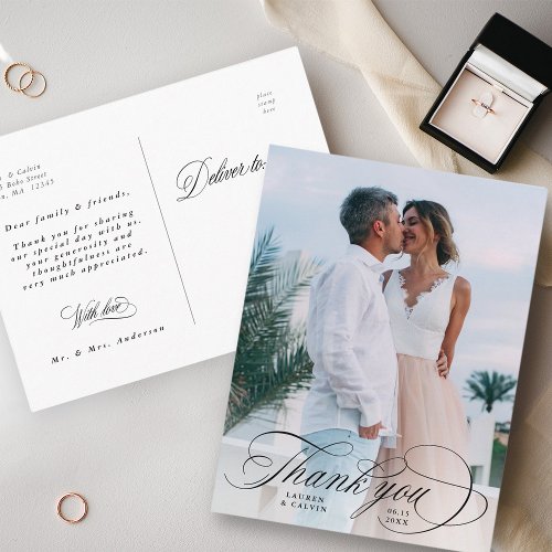 Romantic Black Calligraphy Wedding Photo Postcard