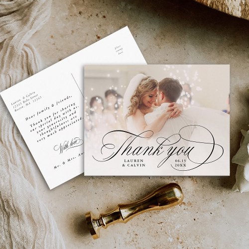 Romantic Black Calligraphy Wedding Photo Postcard