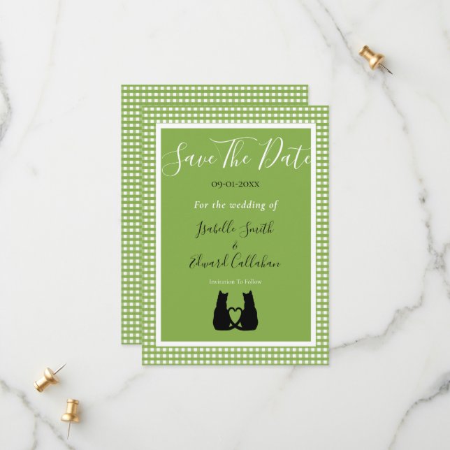 Romantic Black Cat Couple Green Gingham Pattern Save The Date (Front/Back In Situ)