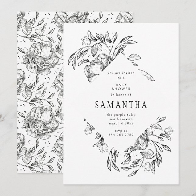 Romantic Black Floral Baby Shower Invitation (Front/Back)
