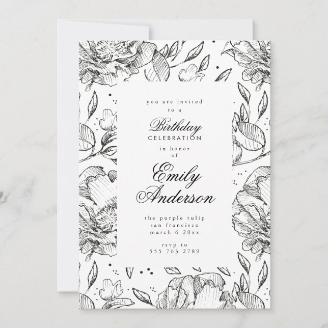 Romantic Black Floral Elegant Birthday Invitation (Front)