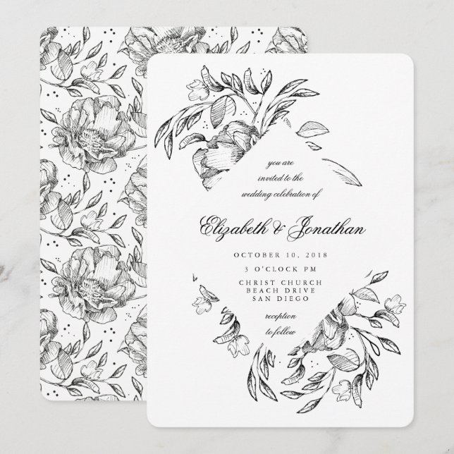Romantic Black Floral Sketch Wedding Invitation (Front/Back)