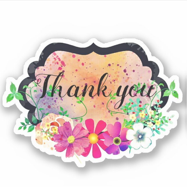 Romantic Black Frame Floral Bouquet Thank You Sticker (Front)