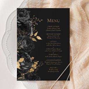 Romantic Black Gold Dark Floral Wedding Menu