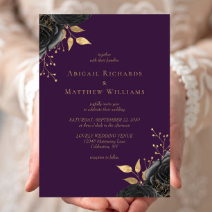 Romantic Black Gold Floral Purple Wedding Invitation