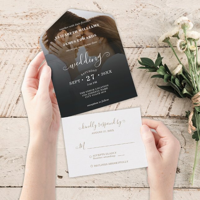 Romantic Black Gold Photo Wedding All In One Invitation (Creator Uploaded)