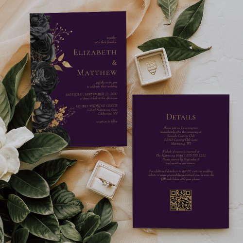 Romantic Black Gold Purple Floral QR Code Wedding Invitation