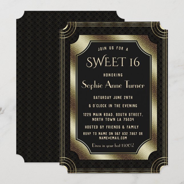 Romantic Black Great Gatsby Art Deco 20s SWEET 16 Invitation (Front/Back)
