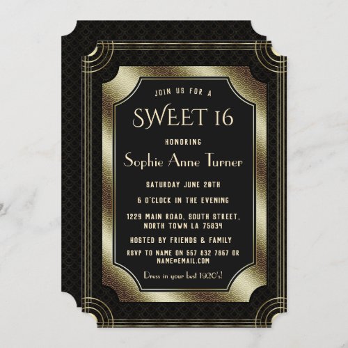 Romantic Black Great Gatsby Art Deco 20s SWEET 16 Invitation
