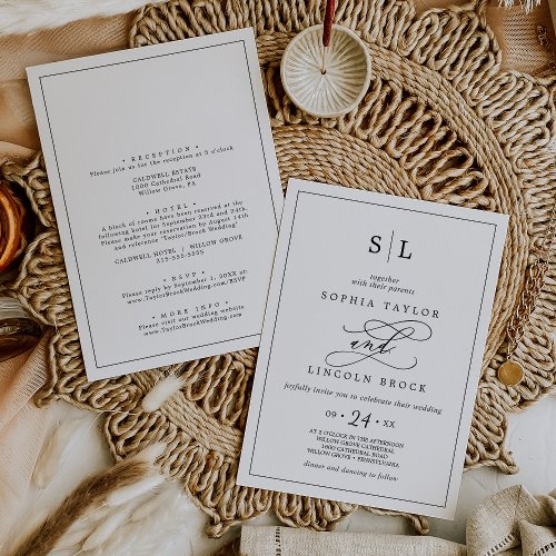 Romantic Black Monogram Frame All In One Wedding Invitation
