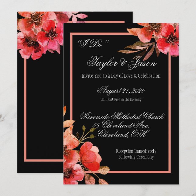 Romantic Black & Orange Floral Script Wedding Invitation (Front/Back)