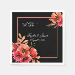 Romantic Black Peach Floral Script Wedding Napkins