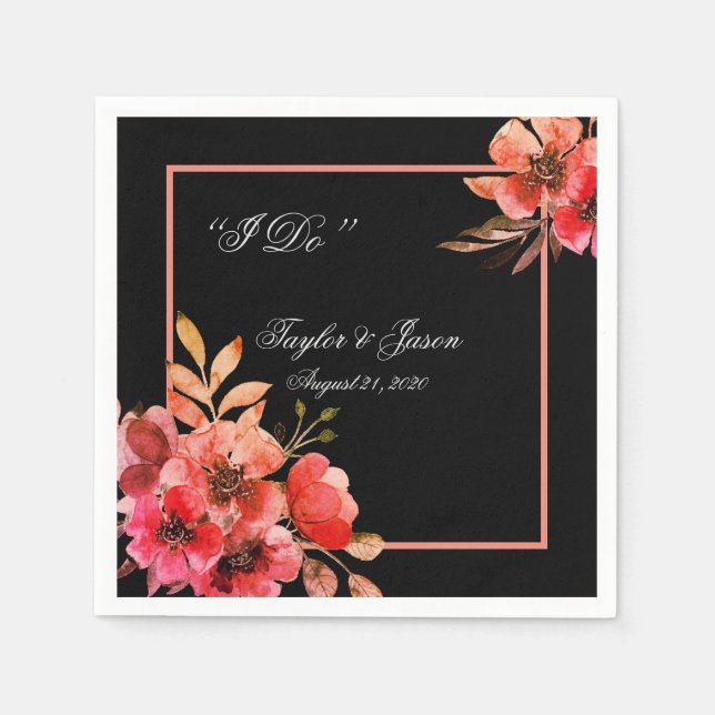 Romantic Black Peach Floral Script Wedding Napkins (Front)