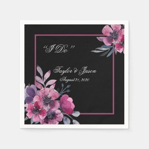 Romantic Black  Pink Floral Script Wedding Napkins
