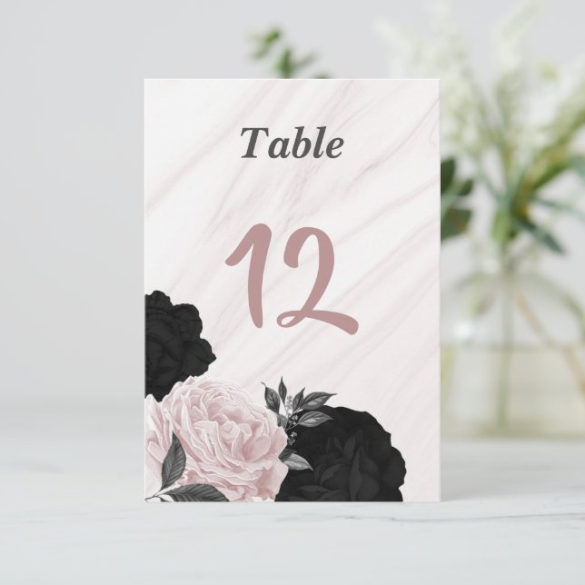 Romantic black & pink floral table number (Standing Front)