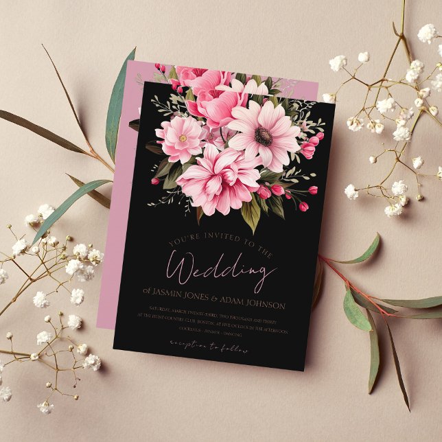Romantic Black Pink Floral Wedding Invitation (Creator Uploaded)