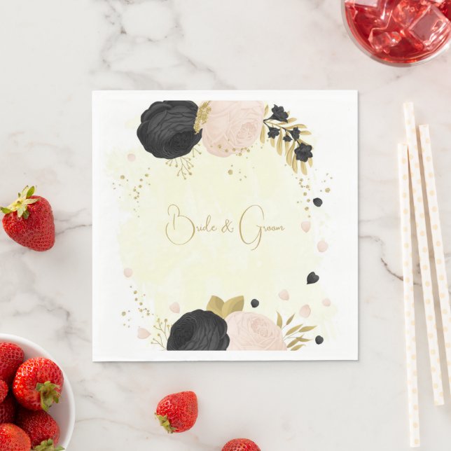 Romantic black & pink flowers gold napkins (Insitu)