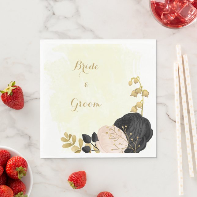 Romantic black & pink flowers gold napkins (Insitu)