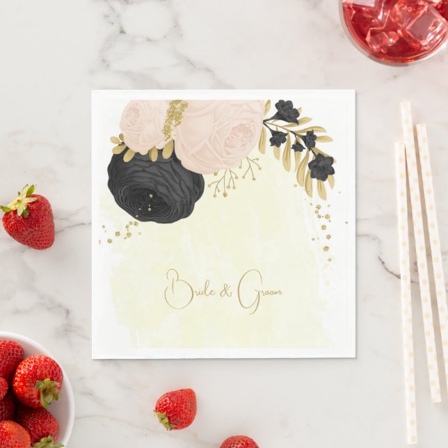 Romantic black & pink flowers gold napkins (Insitu)