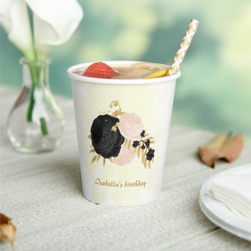 Romantic black  pink flowers gold paper cups