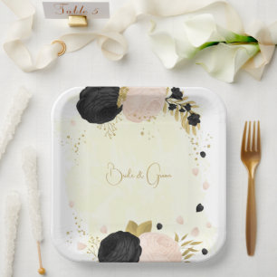 Romantic black & pink flowers gold wedding paper plates