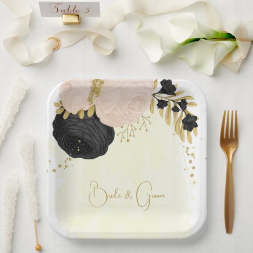 Romantic black  pink flowers gold wedding paper plates