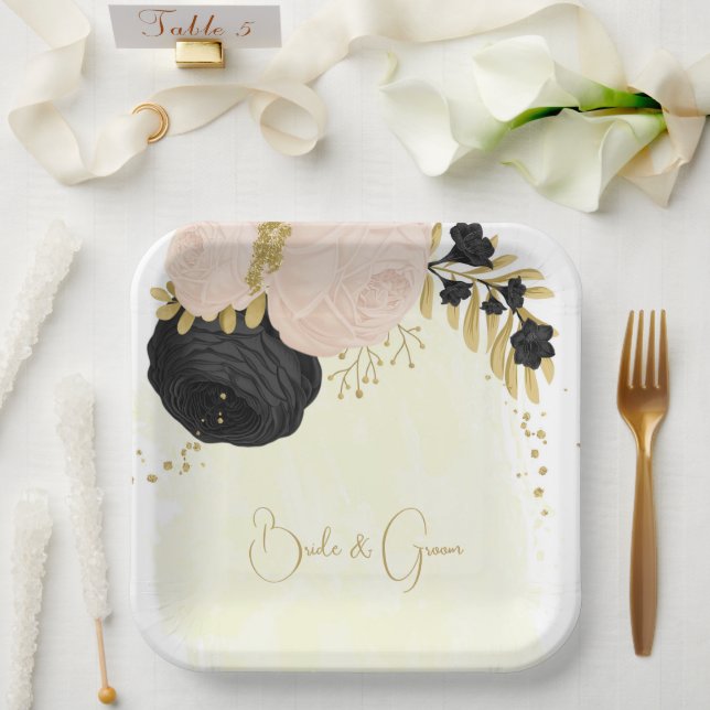 Romantic black & pink flowers gold wedding paper plates (Wedding)