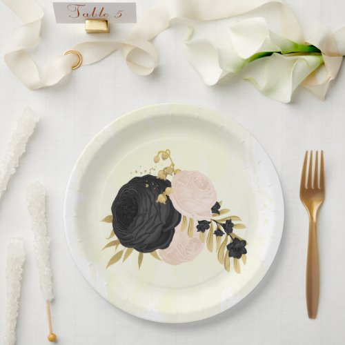 Romantic black  pink flowers gold wedding paper plates