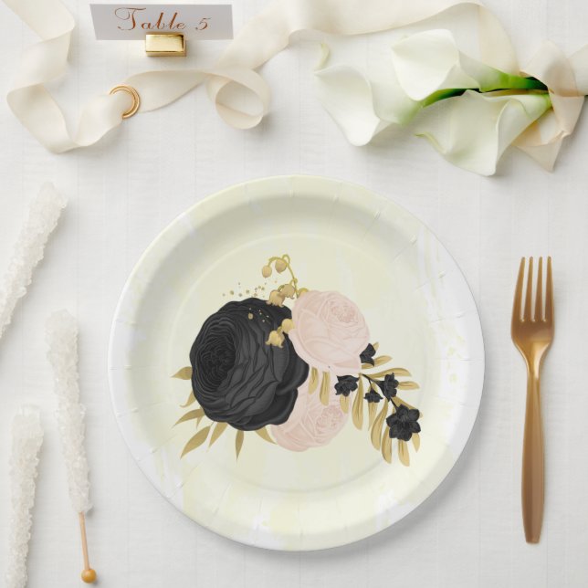 Romantic black & pink flowers gold wedding paper plates (Wedding)