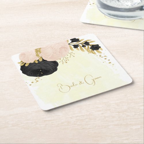 Romantic black  pink flowers gold wedding square paper coaster