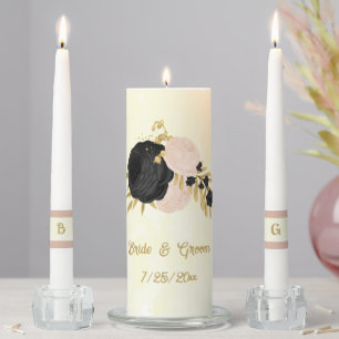 Romantic black & pink flowers gold wedding unity candle set