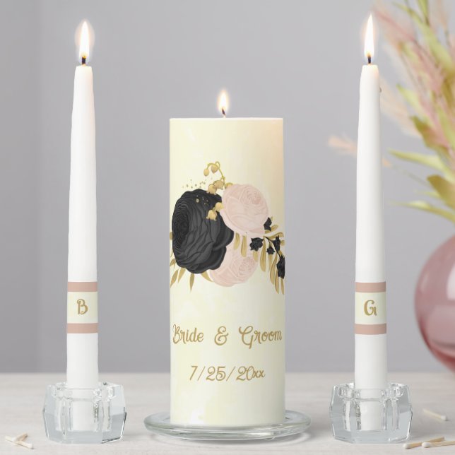 Romantic black & pink flowers gold wedding unity candle set (In Situ)