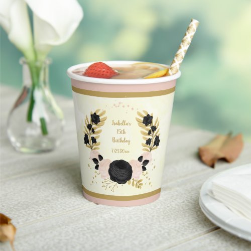 Romantic black  pink flowers gold wreath paper cups