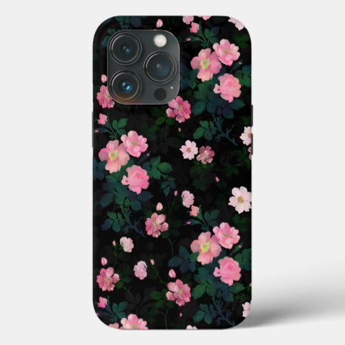 Romantic Black Pink Roses Floral Painting iPhone 13 Pro Case